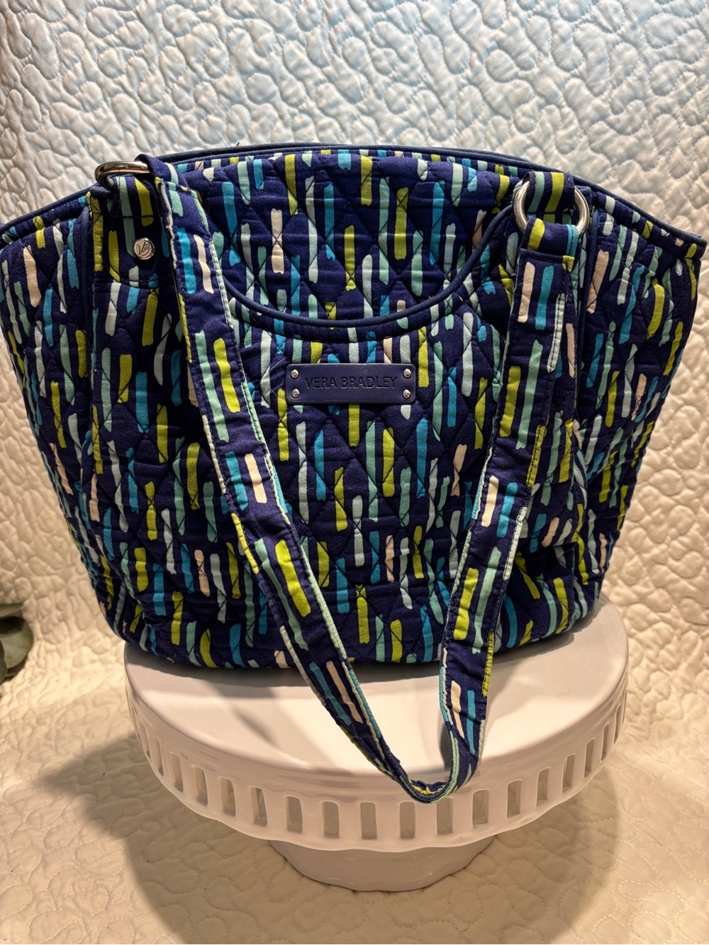 Vera Bradley Quilted Tote in Navy with Teal & Lime Streaks